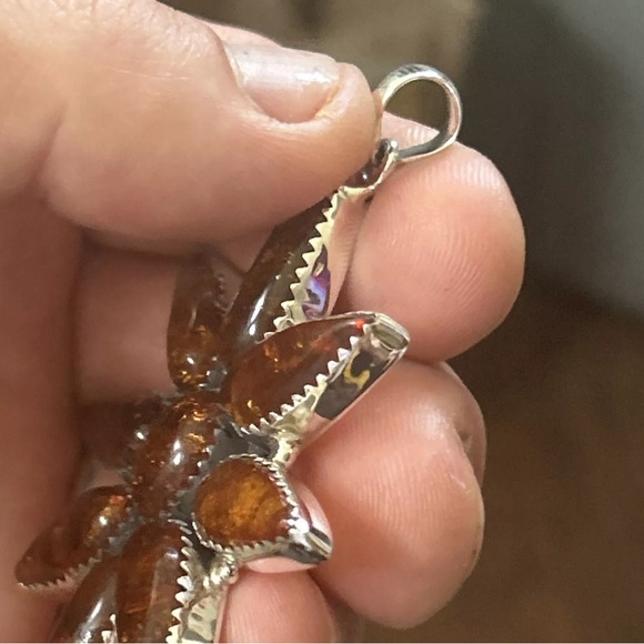 STERLING SILVER NATIVE AMERICAN SW HUGE AMBER CLUSTER FLOWER PENDANT .925 - Picture 6 of 7